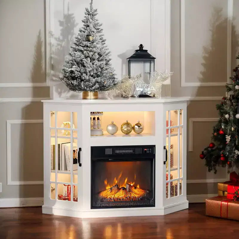 Farmhouse 43'' Corner TV Stand For Tvs Up To 55'' With Electric Fireplace And Glass Door