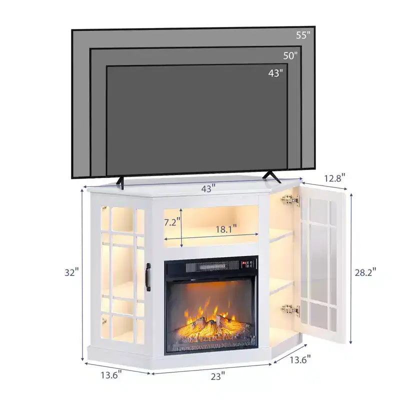 Mobile TV ad angolo per fattoria con camino elettrico e anta in vetro, adatto a TV fino a 55", 43,1"L x 20,1"P x 31,9"A