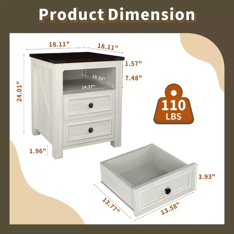 Comodino Rustico con Stazione di Ricarica, Tavolino con 2 Cassetti e Ripiano Aperto, 61A x 46L x 46P cm