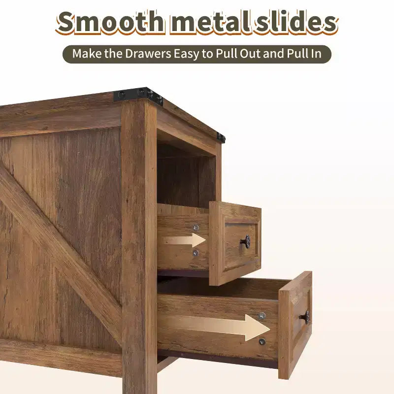 Comodino Rustico con Stazione di Ricarica, Tavolino con 2 Cassetti e Ripiano Aperto, 61A x 46L x 46P cm