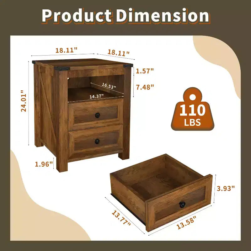 Comodino Rustico con Stazione di Ricarica, Tavolino con 2 Cassetti e Ripiano Aperto, 61A x 46L x 46P cm