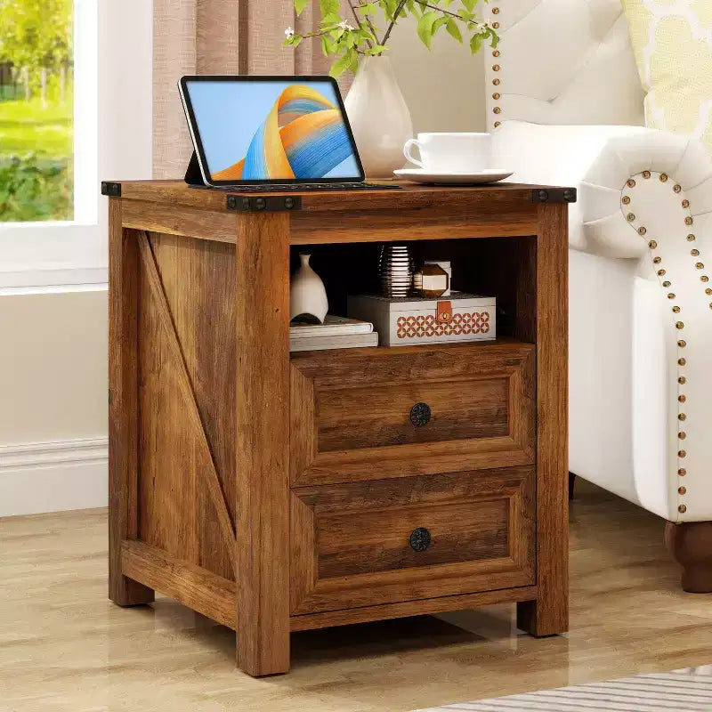 Dyonery 18 Farmhouse Nightstand with Charging Station,End Table with 2 Drawers, Side Table for Living Room ,White