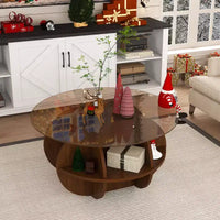 GDFStudio Cyra Farmhouse Wooden Storage Round Coffee Table with Tempered Glass Top and 4-Tier Shelves