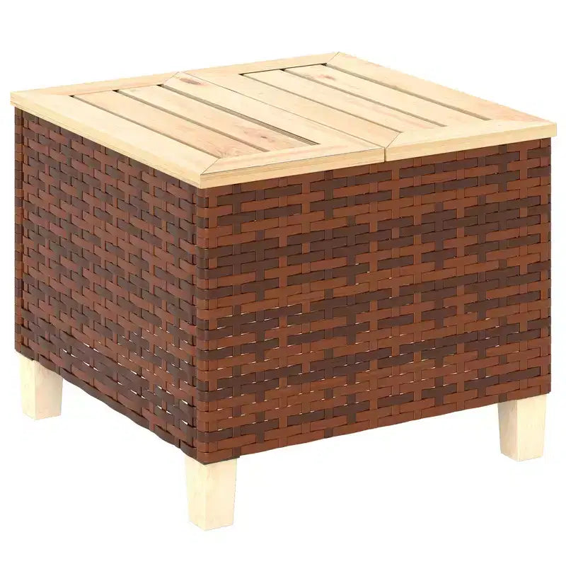 Outdoor Side Table with PE Rattan, Patio End Table with Natural Fir Wood Tabletop and Legs, Weather Resistant Accent Table for Patio Pool Porch