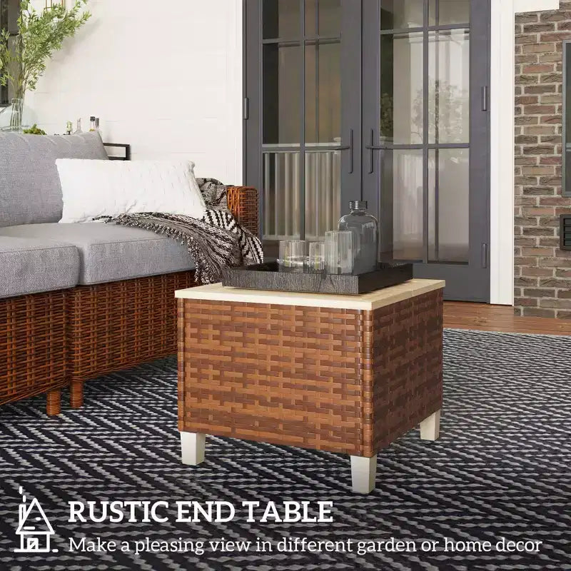 Tavolino da esterno in rattan PE con piano in legno di abete e telaio in acciaio