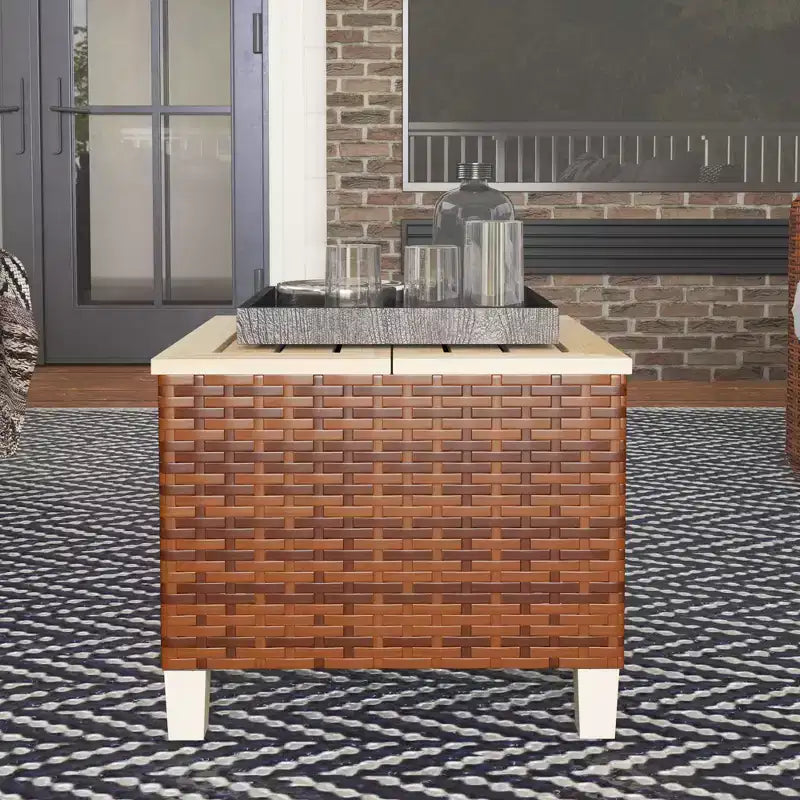 Tavolino da esterno in rattan PE con piano in legno di abete e telaio in acciaio