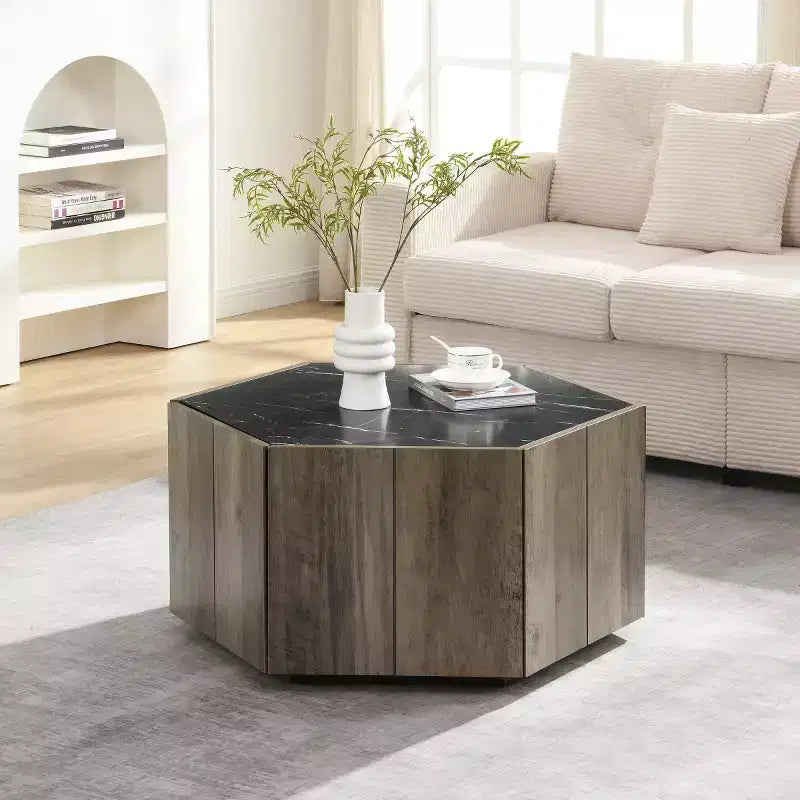 Modern Hexagon Coffee Table with Faux Marble Top and Hidden Storage Drawers, Center Table for Living Room - Panipeachy