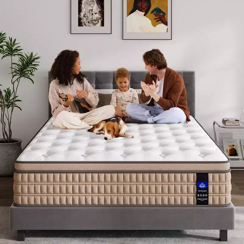 Whisen 14 King Hybrid Mattress, Memory Foam Mattress, Pocket Innerspring, Fiberglass-Free - Beige & White