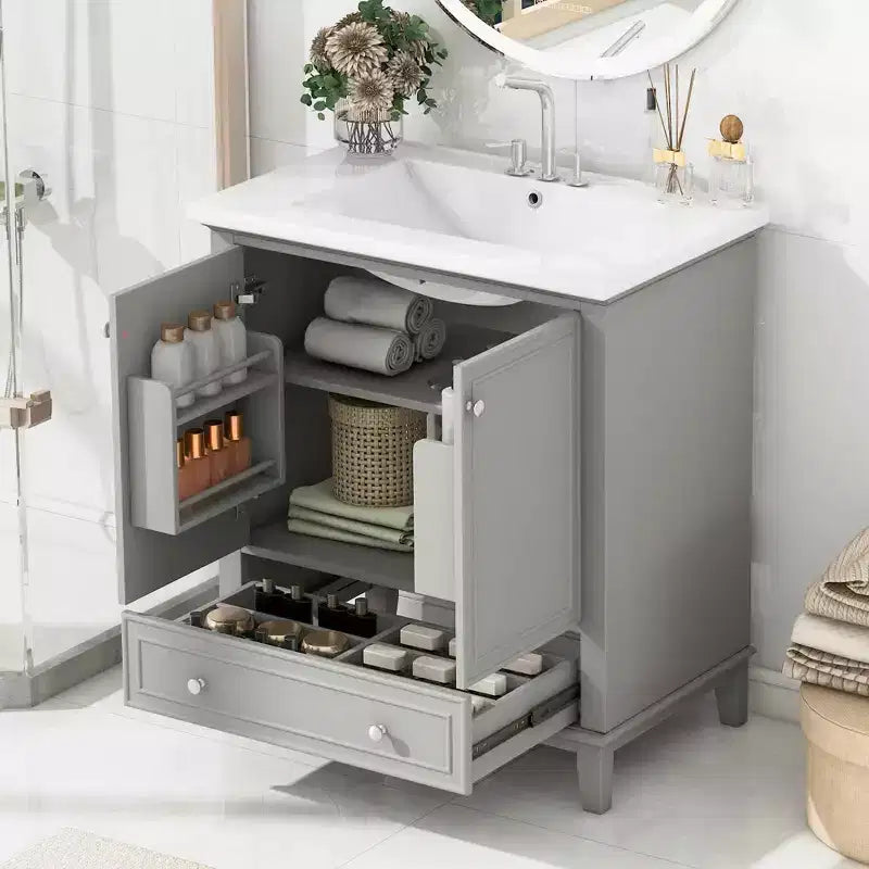 Mobiletto da bagno da 76 cm senza lavabo, autoportante con cassetto e anta, struttura in MDF
