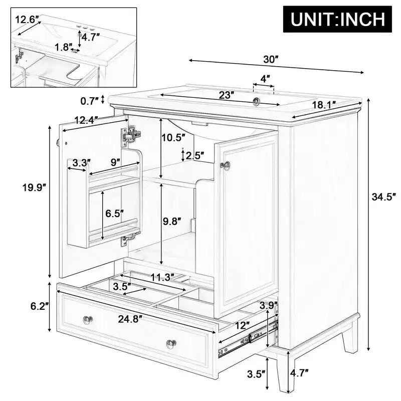 Mobiletto da bagno da 76 cm senza lavabo, autoportante con cassetto e anta, struttura in MDF