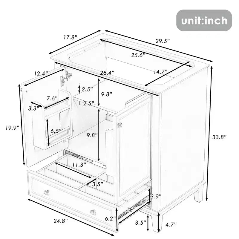 Mobiletto da bagno da 76 cm senza lavabo, autoportante con cassetto e anta, struttura in MDF