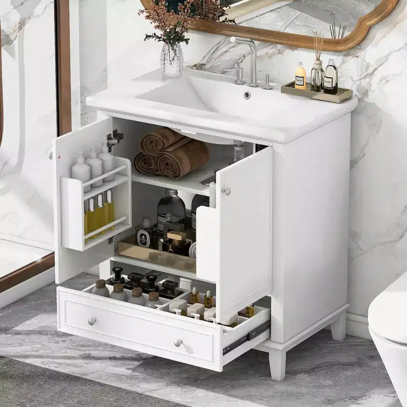 Mobiletto da bagno da 76 cm senza lavabo, autoportante con cassetto e anta, struttura in MDF
