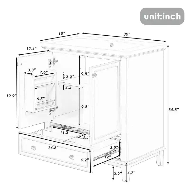 Mobiletto da bagno da 76 cm senza lavabo, autoportante con cassetto e anta, struttura in MDF