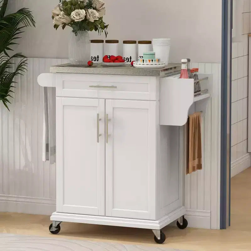 Carrello da Cucina su Ruote con Top in Acciaio Inox, Cassetto, Portasciugamani e Portaspezie