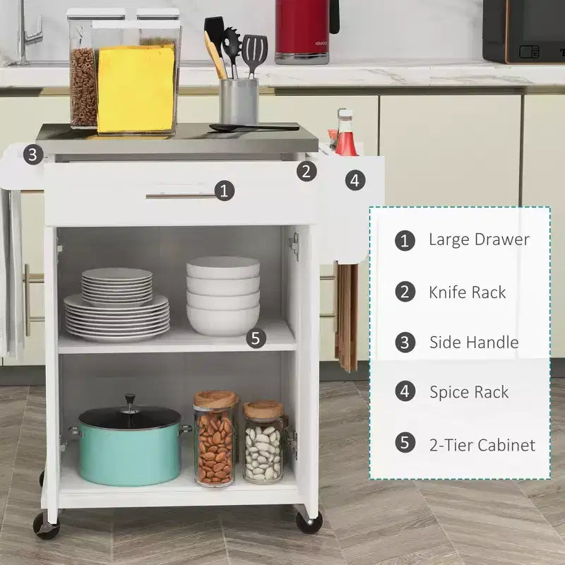 Carrello da Cucina su Ruote con Top in Acciaio Inox, Cassetto, Portasciugamani e Portaspezie
