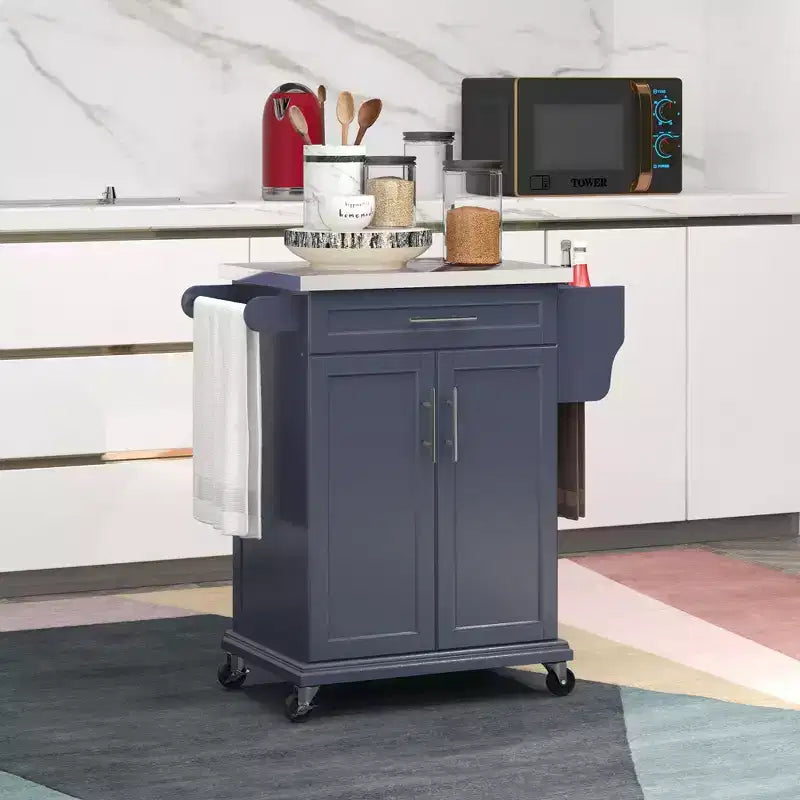 Carrello da Cucina su Ruote con Top in Acciaio Inox, Cassetto, Portasciugamani e Portaspezie