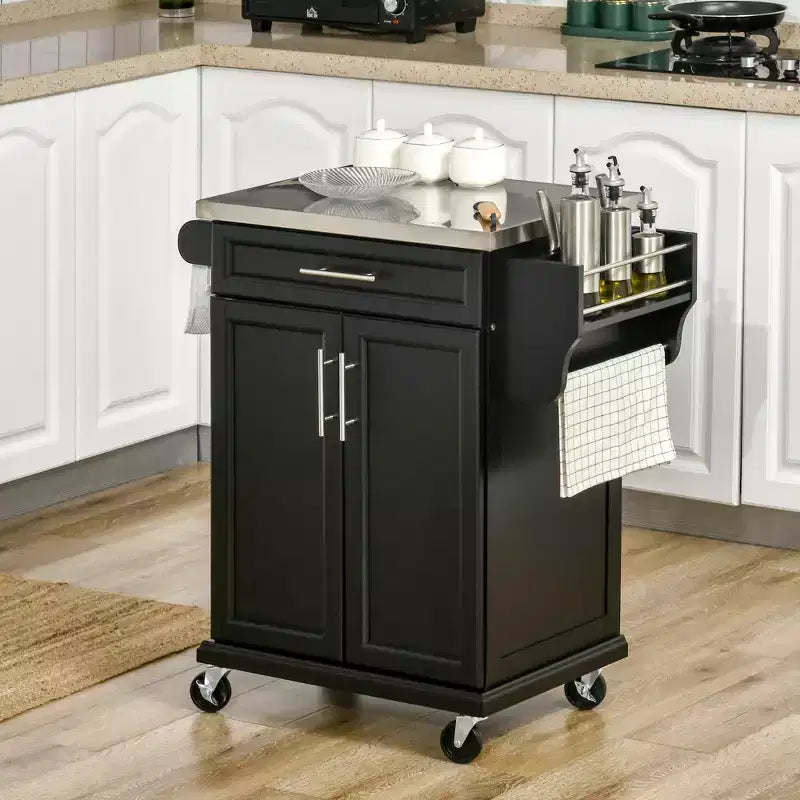 Carrello da Cucina su Ruote con Top in Acciaio Inox, Cassetto, Portasciugamani e Portaspezie