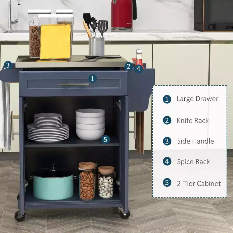 Carrello da Cucina su Ruote con Top in Acciaio Inox, Cassetto, Portasciugamani e Portaspezie