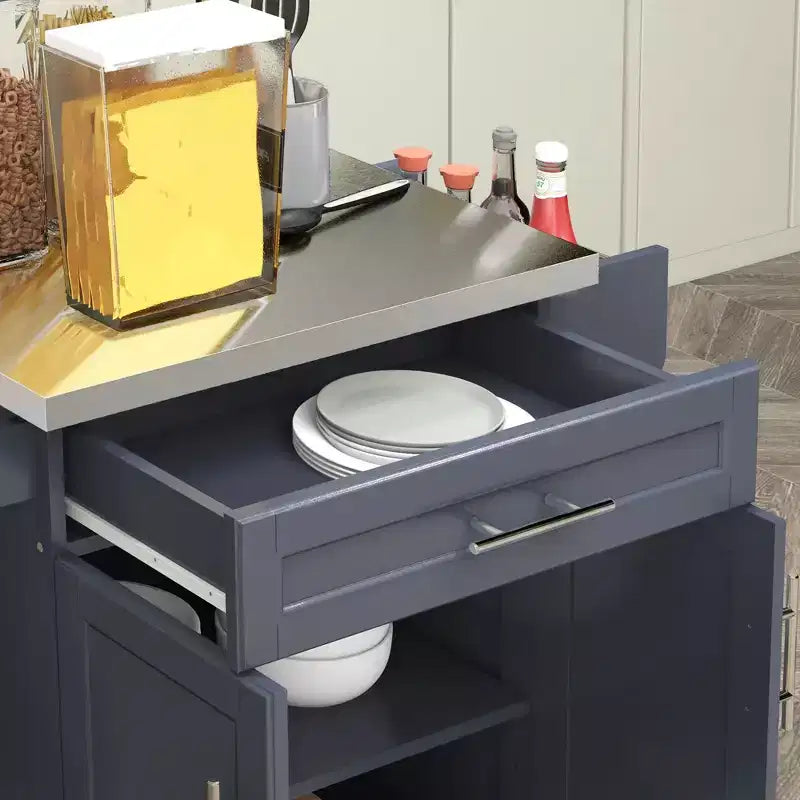 Carrello da Cucina su Ruote con Top in Acciaio Inox, Cassetto, Portasciugamani e Portaspezie