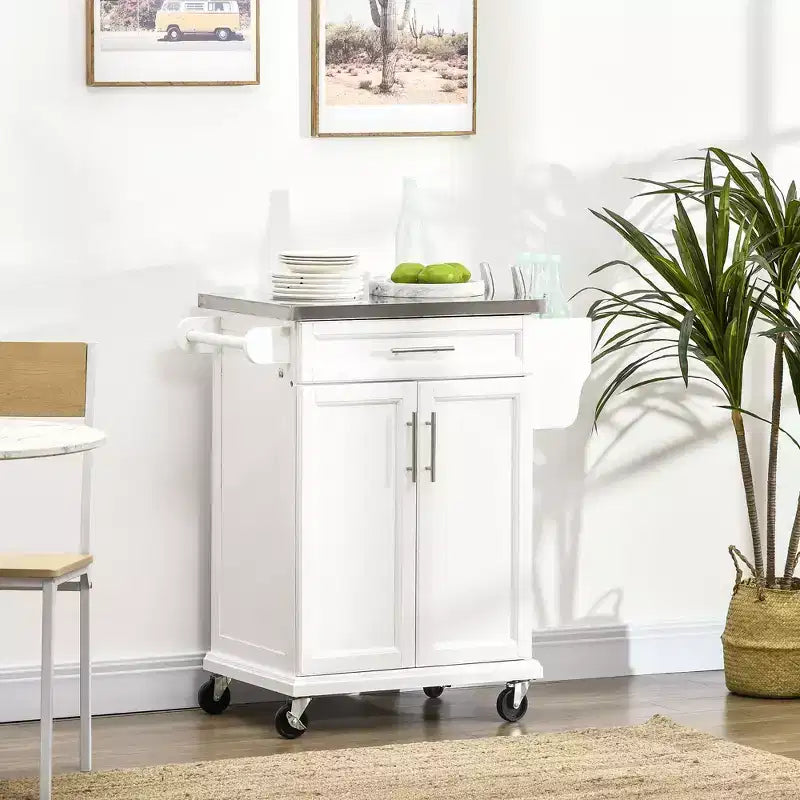 Carrello da Cucina su Ruote con Top in Acciaio Inox, Cassetto, Portasciugamani e Portaspezie