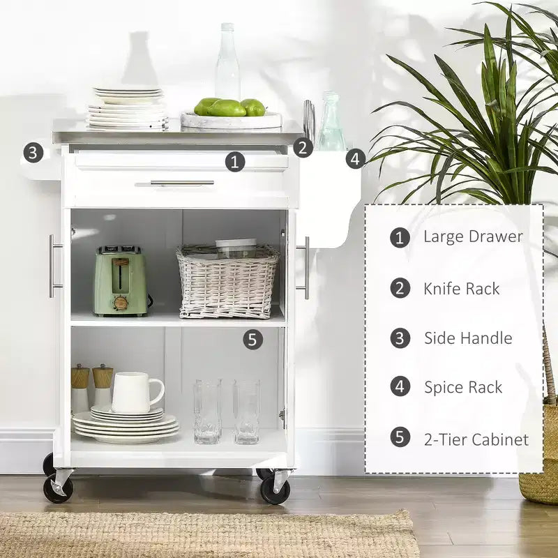 Carrello da Cucina su Ruote con Top in Acciaio Inox, Cassetto, Portasciugamani e Portaspezie