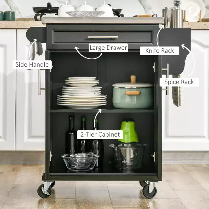 Carrello da Cucina su Ruote con Top in Acciaio Inox, Cassetto, Portasciugamani e Portaspezie