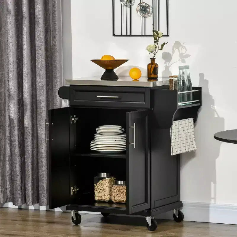 Carrello da Cucina su Ruote con Top in Acciaio Inox, Cassetto, Portasciugamani e Portaspezie
