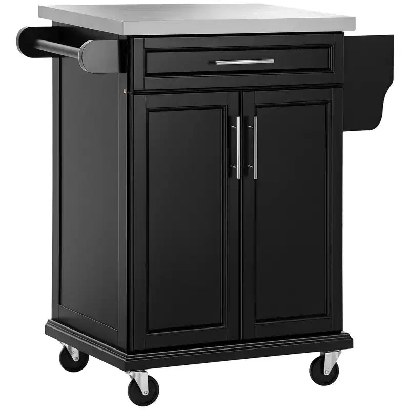 Kitchen Island on Wheels, Rolling Kitchen Cart with Stainless Steel Countertop, Drawer, Towel Rack and Spice Rack, Utility Storage Trolley