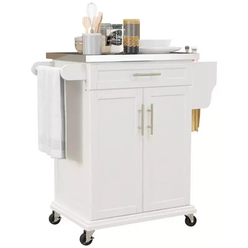 Carrello da Cucina su Ruote con Top in Acciaio Inox, Cassetto, Portasciugamani e Portaspezie