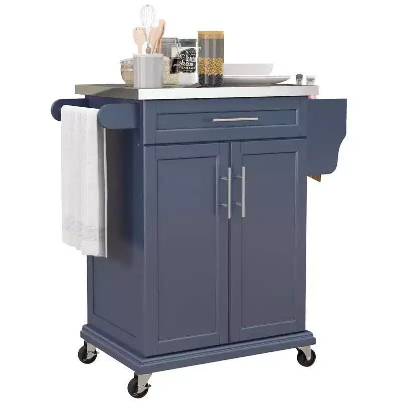 Carrello da Cucina su Ruote con Top in Acciaio Inox, Cassetto, Portasciugamani e Portaspezie