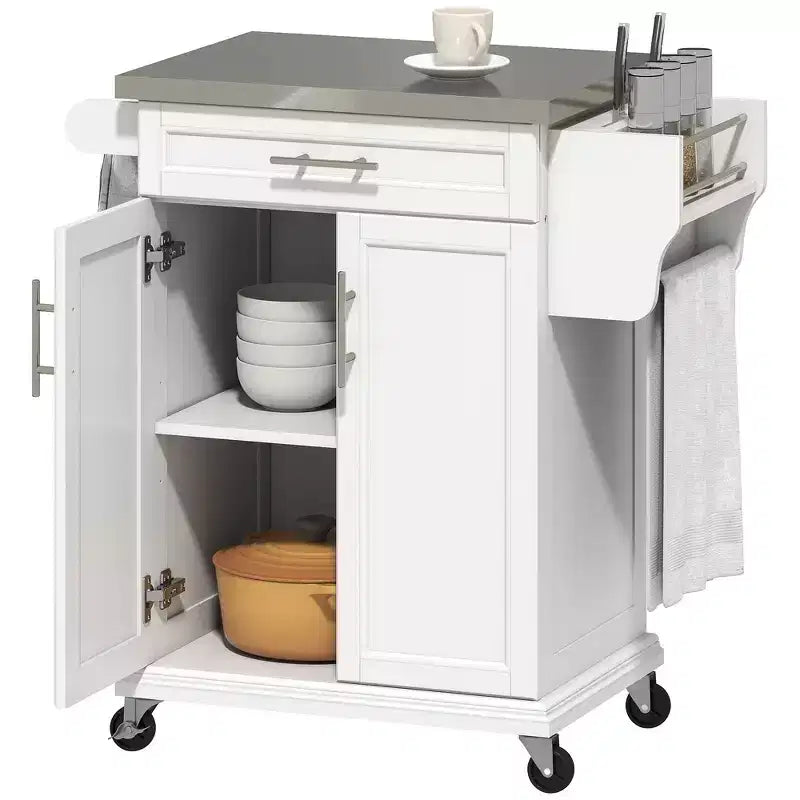 Carrello da Cucina su Ruote con Top in Acciaio Inox, Cassetto, Portasciugamani e Portaspezie