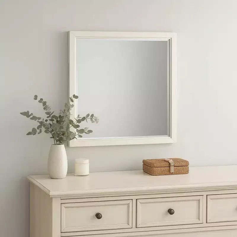 Royal Hampton Dresser Mirror, Beveled Glass, Antique White Finished Solid Wood, 38 Inch