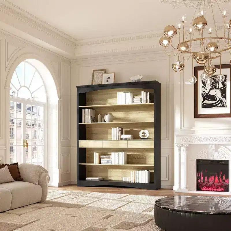 Libreria a giorno a 5 ripiani con 3 cassetti, struttura in MDF, 65"L x 78,7"A x 12,7"P