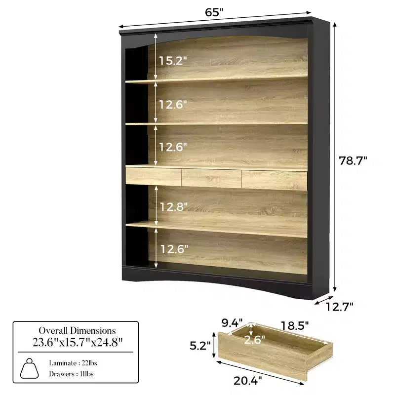 Libreria a giorno a 5 ripiani con 3 cassetti, struttura in MDF, 65"L x 78,7"A x 12,7"P
