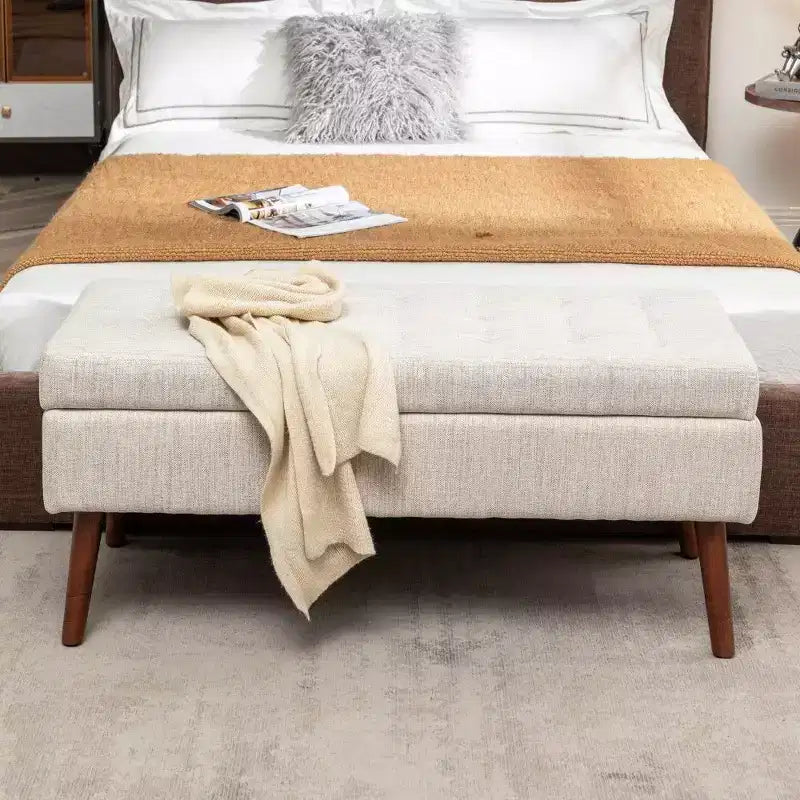 Panca contenitore rettangolare con gambe in legno e rivestimento in pelle sintetica