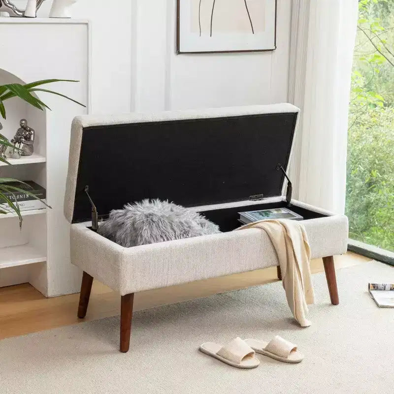 Panca contenitore rettangolare con gambe in legno e rivestimento in pelle sintetica