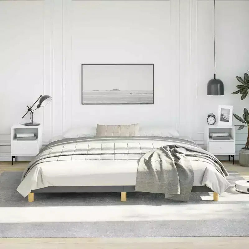 Struttura letto king size in tessuto grigio, non necessita di rete a molle