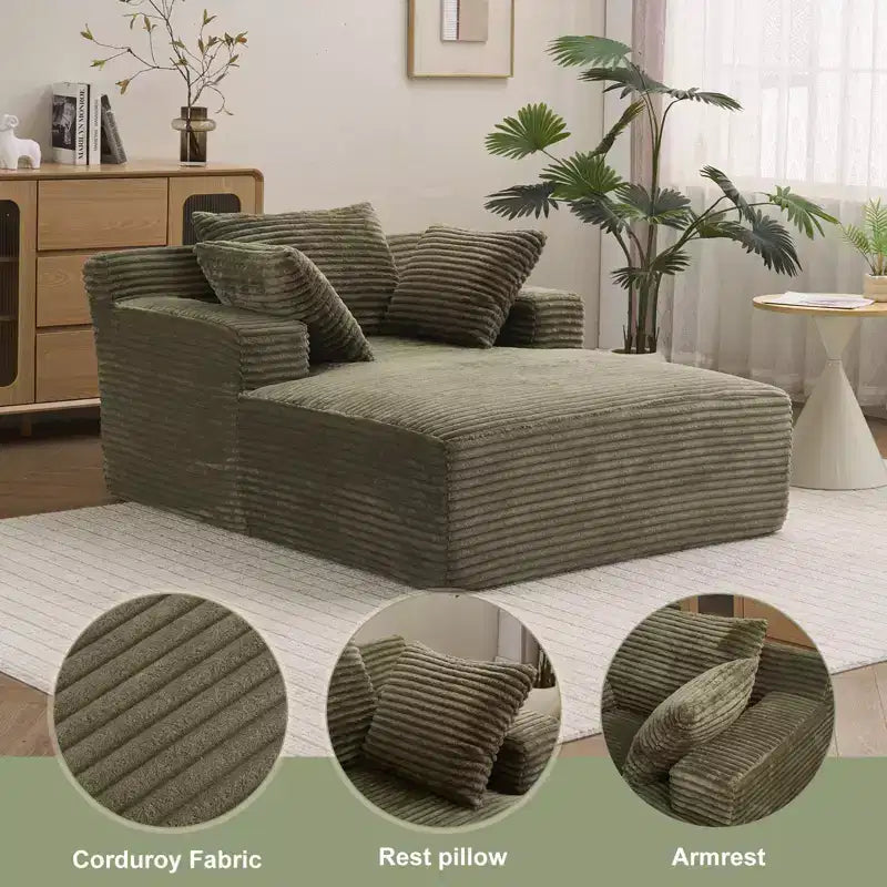 Chaise longue oversize, divano con seduta profonda e braccioli rivestito in velluto a coste, nessun assemblaggio richiesto, verde