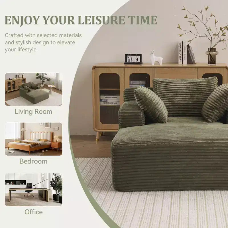 Chaise longue oversize, divano con seduta profonda e braccioli rivestito in velluto a coste, nessun assemblaggio richiesto, verde