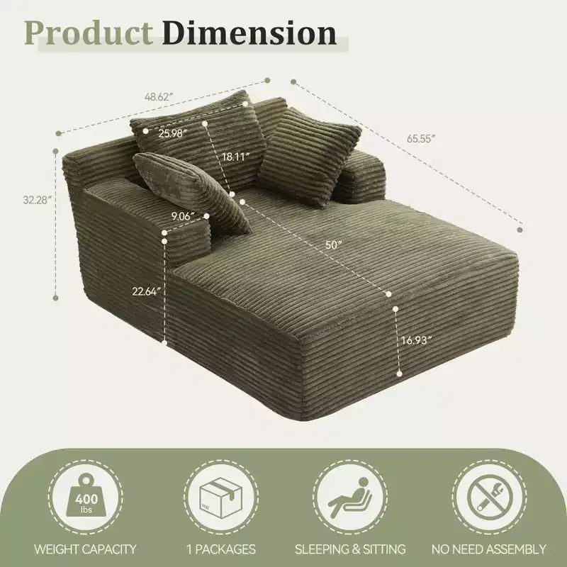 Chaise longue oversize, divano con seduta profonda e braccioli rivestito in velluto a coste, nessun assemblaggio richiesto, verde