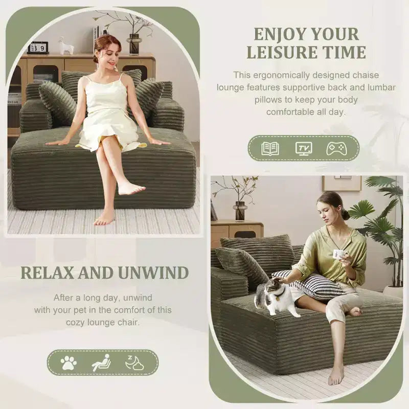 Chaise longue oversize, divano con seduta profonda e braccioli rivestito in velluto a coste, nessun assemblaggio richiesto, verde