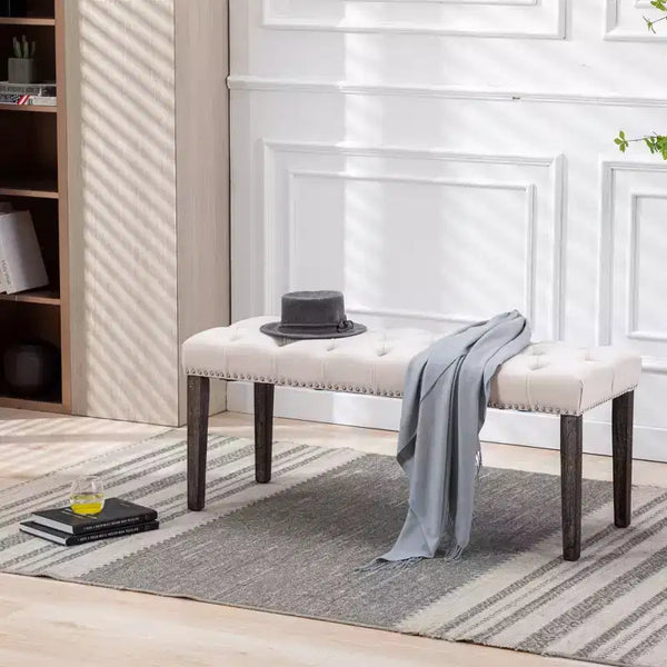 EHMKNP Elegant Upholstered Tufted Velvet Bench  Decorative Dining Bench, Bedroom Accent Stool, Entryway Seating with Wooden Legs