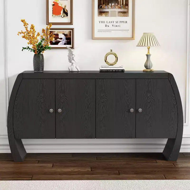 GDFStudio Oscar 4-Door Ash Veneer Storage Cabinet with Curved Legs and Adjustable Shelves