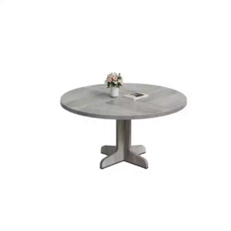 Gray Round Dining Table with Curved Legs - Wood Panel Construction Suitable for Dining Room