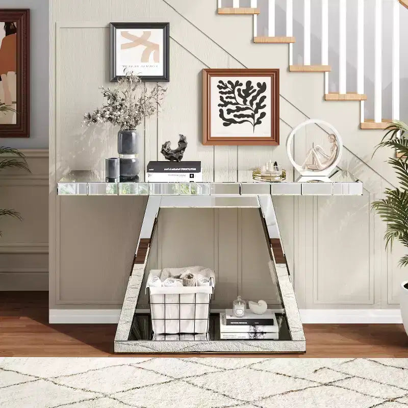 55.9 Modern Mirrored Console Table, Full-Body Reflective Entryway Table with Trapezoid Base, for Hallway or Living Room - Panipeachy