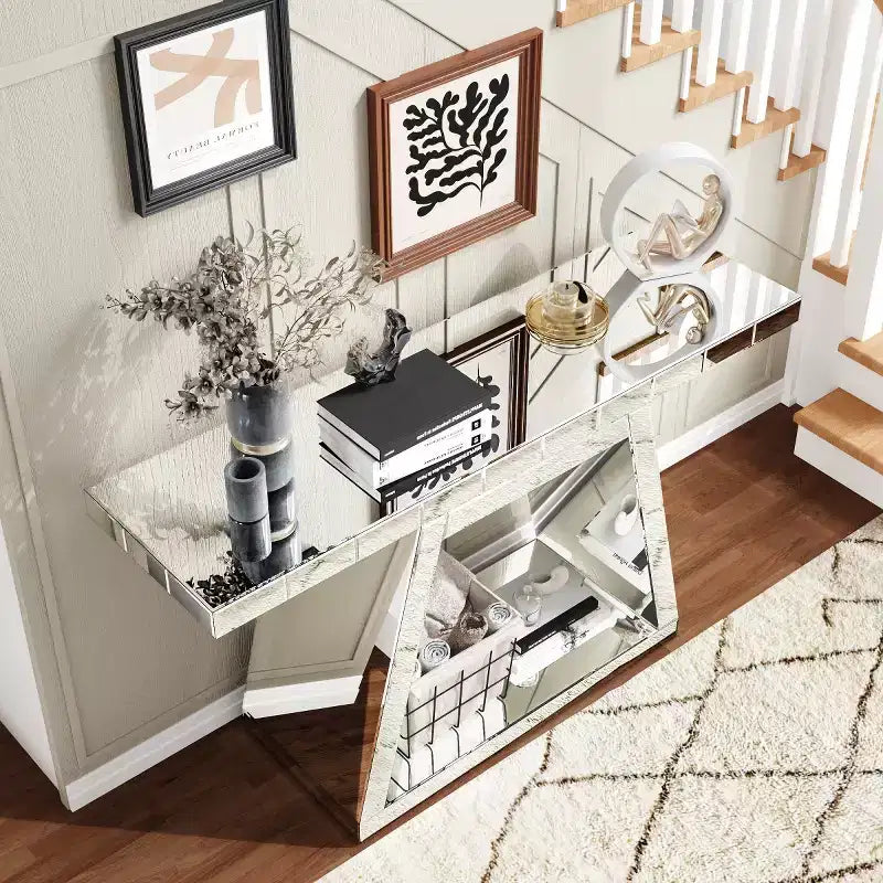 Consolle a specchio moderna da 55,9" con base a trapezio, completamente riflettente, per corridoio o soggiorno