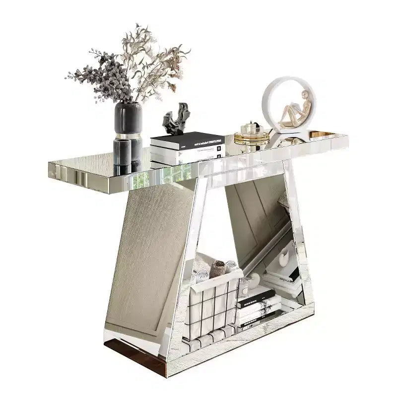 Consolle a specchio moderna da 55,9" con base a trapezio, completamente riflettente, per corridoio o soggiorno