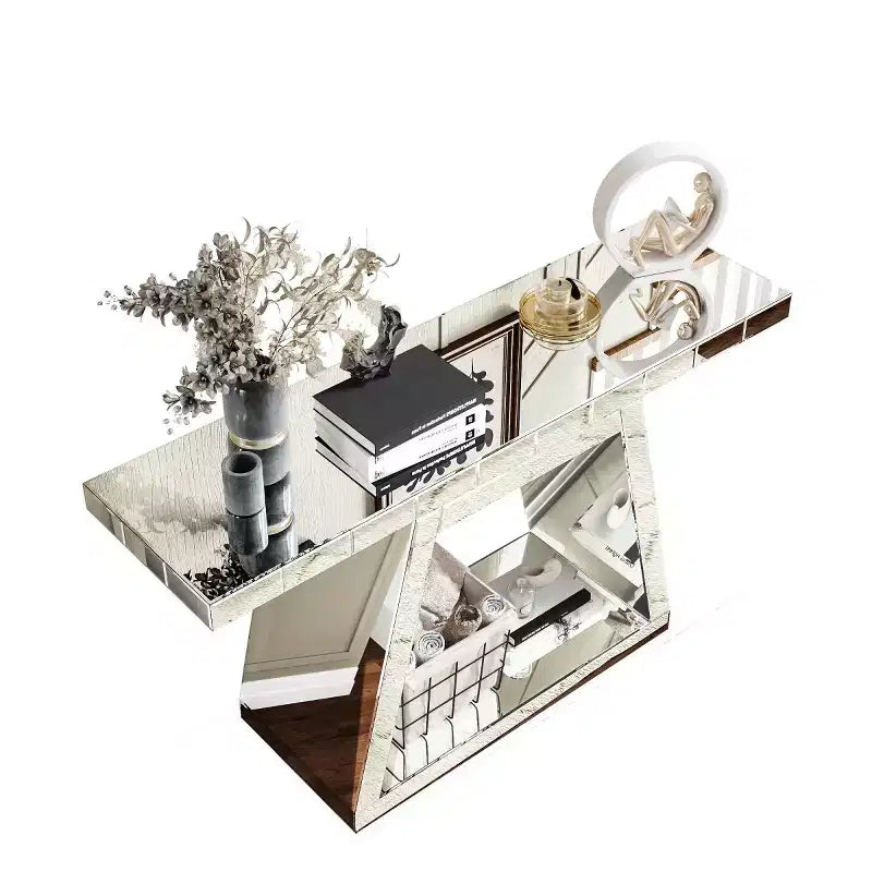 Consolle a specchio moderna da 55,9" con base a trapezio, completamente riflettente, per corridoio o soggiorno