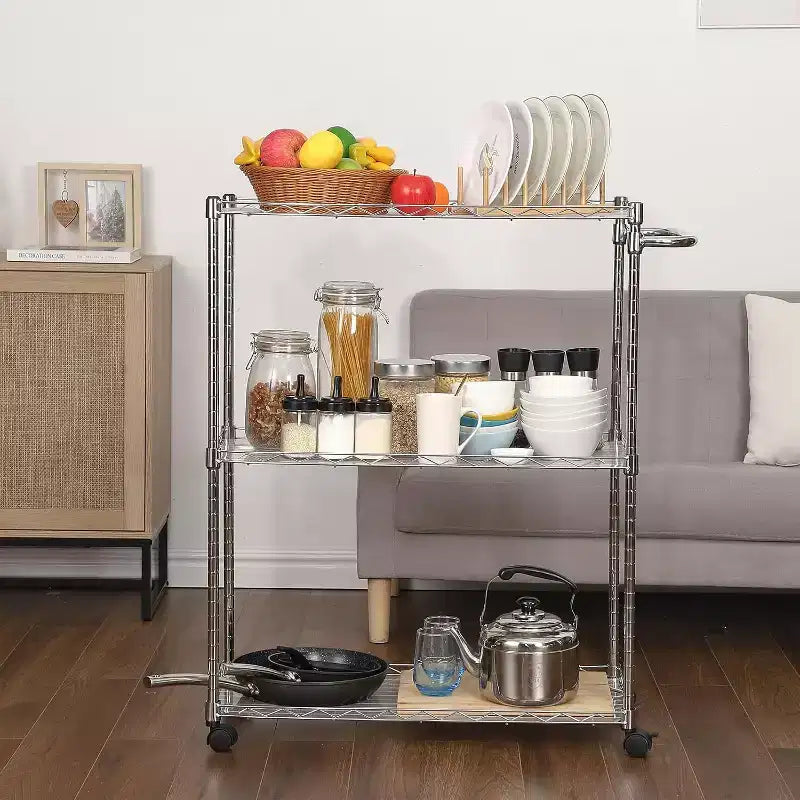 Carrello da cucina in acciaio laminato con ruote e scaffale regolabile