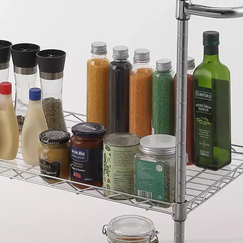 Carrello da cucina in acciaio laminato con ruote e scaffale regolabile